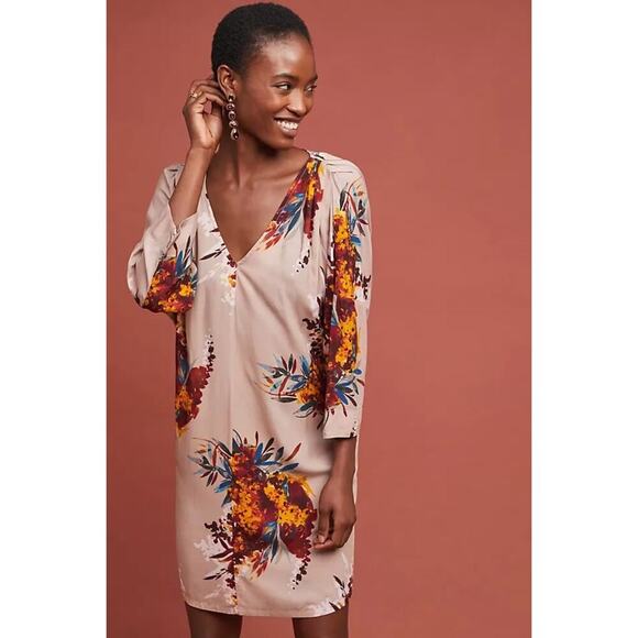 The Odells Anthropologie Beige Forest Harvest Floral Tunic Shift Dress Size M - Picture 1 of 7